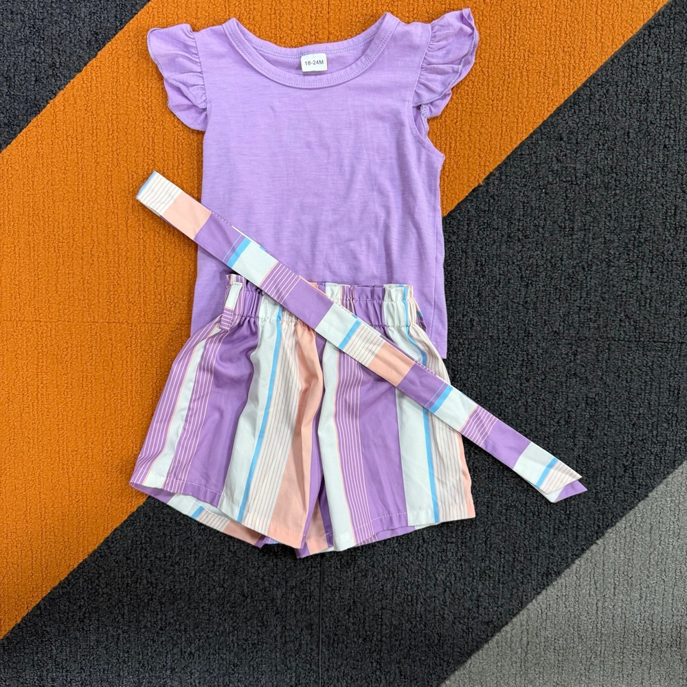 Baby Girl Toddler Matching Set 18-24 Months Purple Striped with belt shorts top
